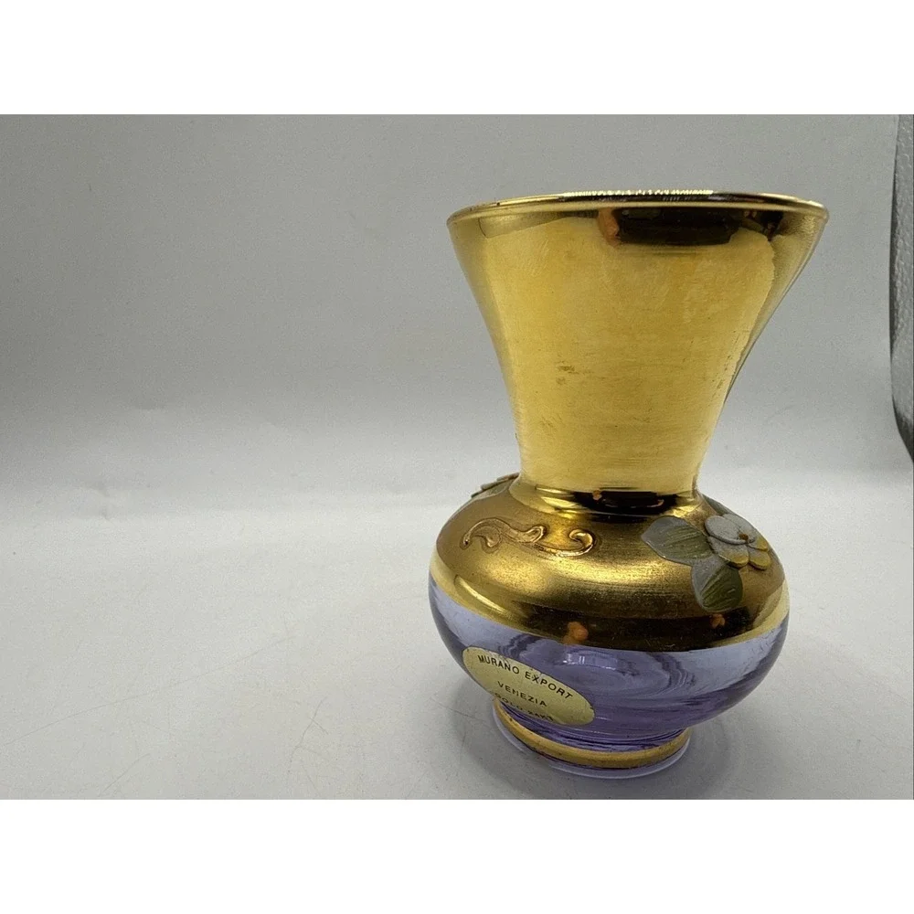 Murano Lavender Venezia Glass Hand Painted Enamel Gold Gilt  Vintage Vase  3